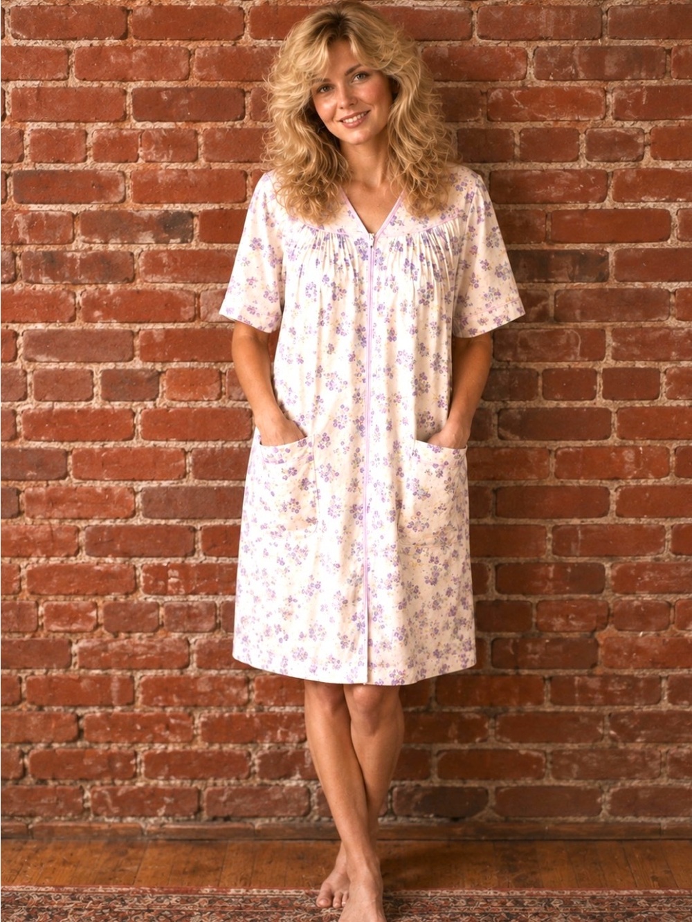 Vintage MCM  Bernette Lilac Floral Seersucker Duster House Dress